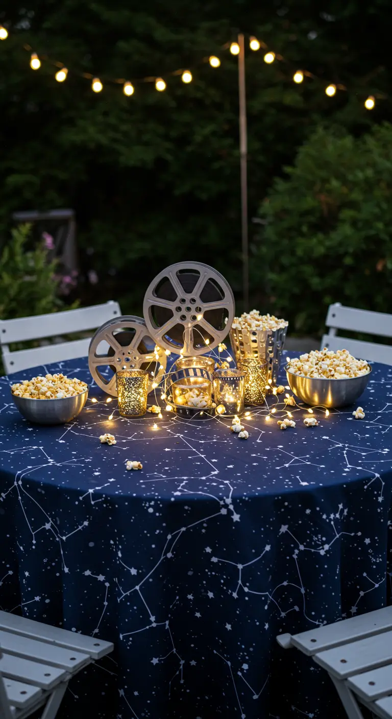 Table de jardin avec nappe étoilée, bobines de film et guirlande lumineuse extérieure.