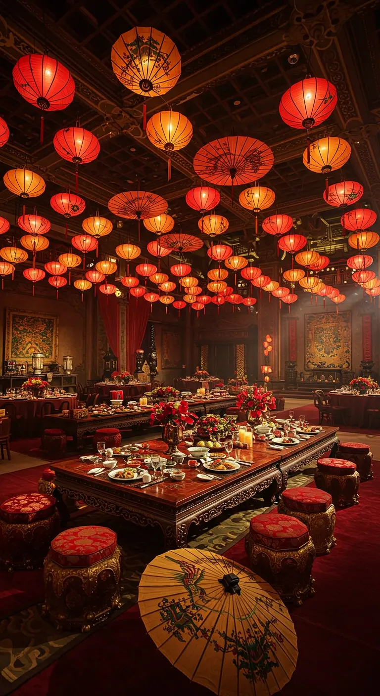 Salle de banquet impériale asiatique avec de longues tables rouges et or, lampions et ombrées suspendues.