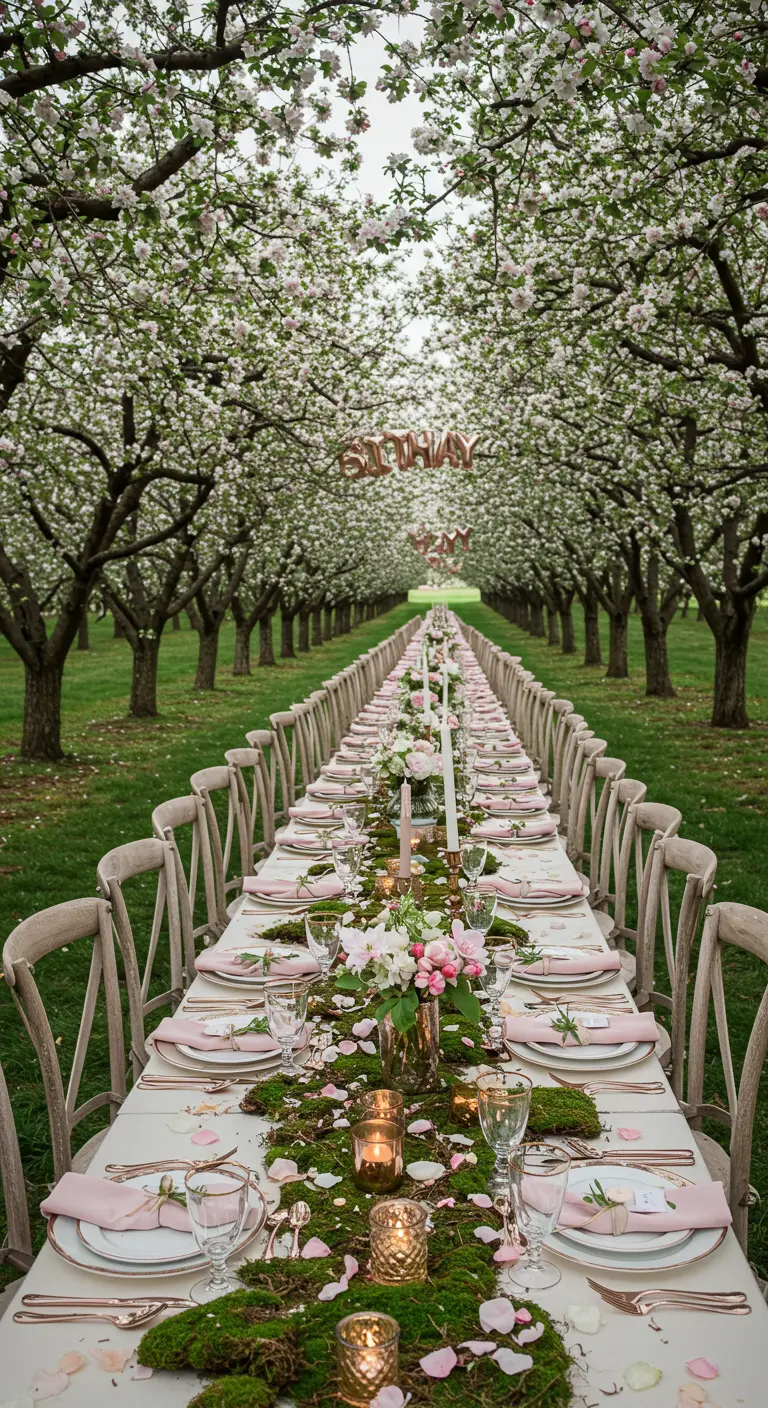 Très longue table de banquet dressée dans une allée de pommiers en fleurs.