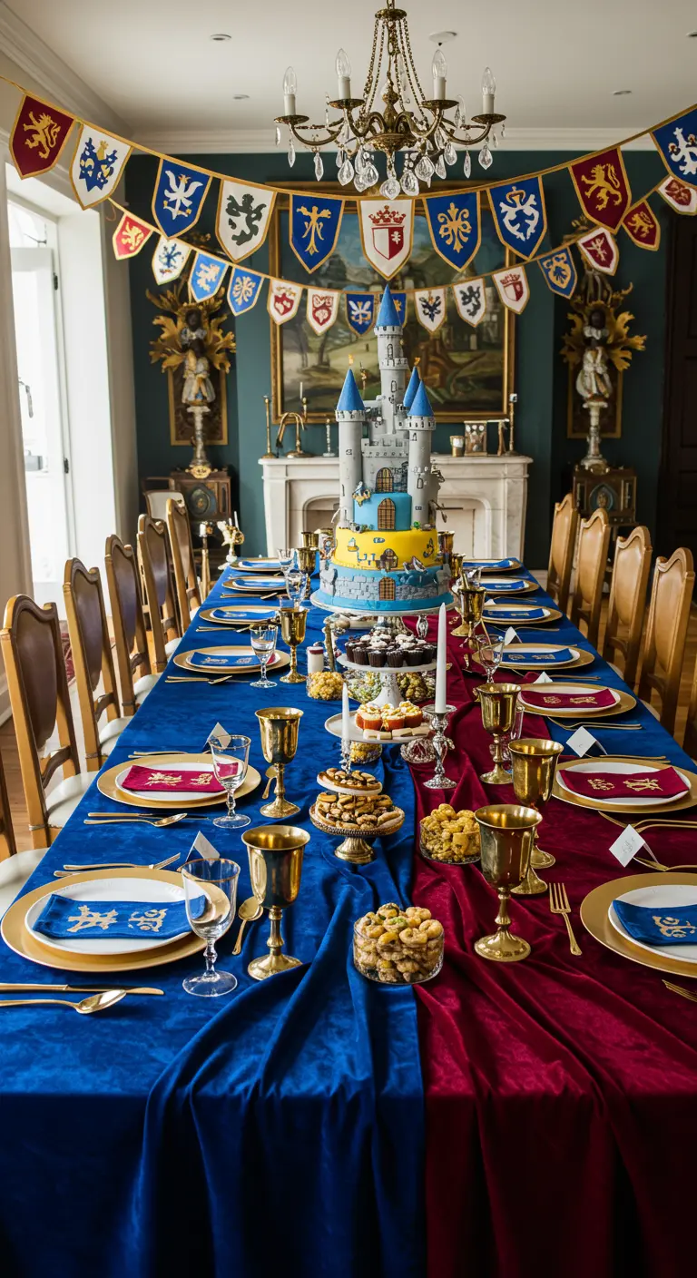 Longue table de banquet médiéval avec gâteau château et fanions héraldiques.