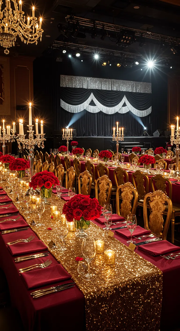Longue table de banquet décorée de roses rouges, chemin de table doré et chandeliers.