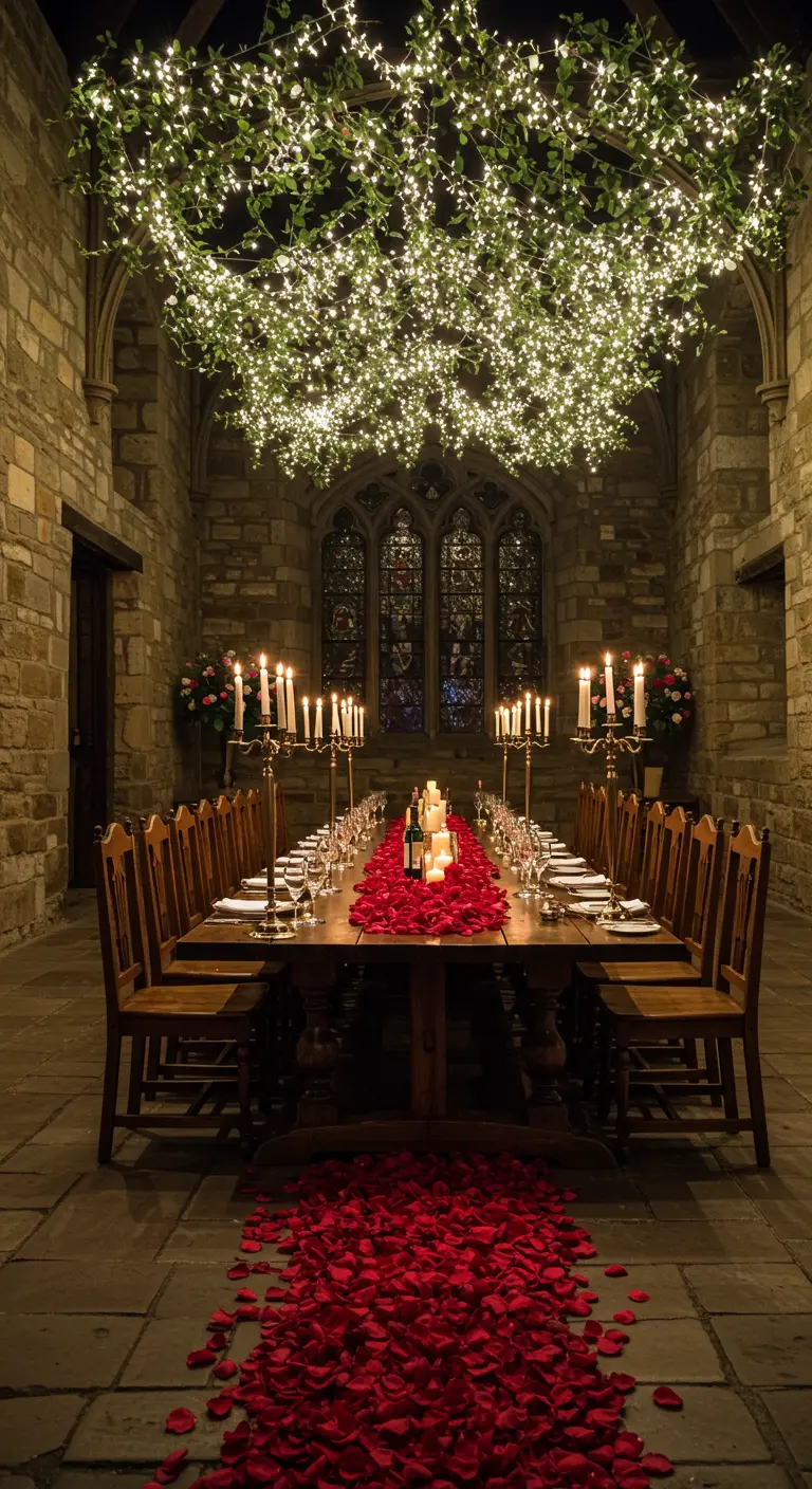 Longue table de banquet sous un plafond de lierre et de lumières.