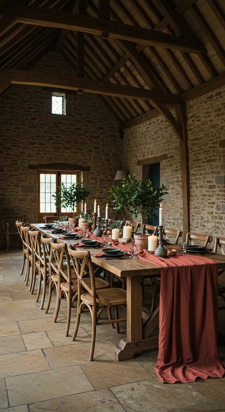 Grande table en bois dans une grange avec des bougies et un chemin de table rouge.