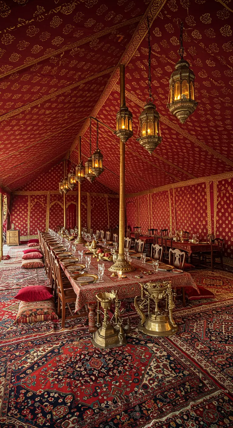Longue table de banquet dressée à l'intérieur d'une grande tente rouge à motifs.