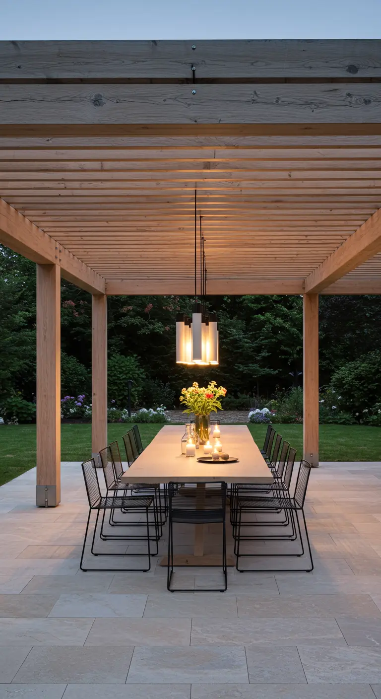 Grande table à manger sous une pergola en bois, éclairée par un lustre moderne et des bougies.