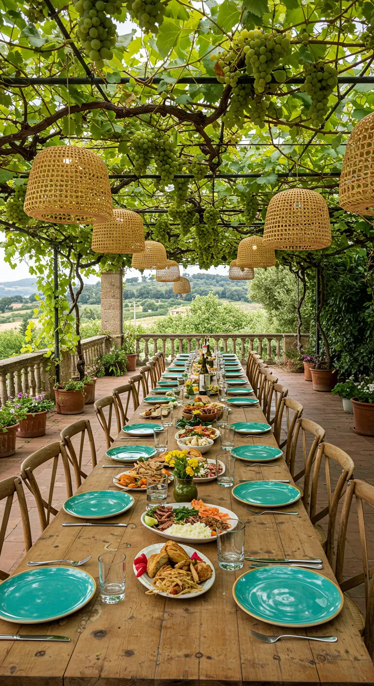 Longue table en bois dressée sous une tonnelle de vigne, avec des suspensions en bambou.
