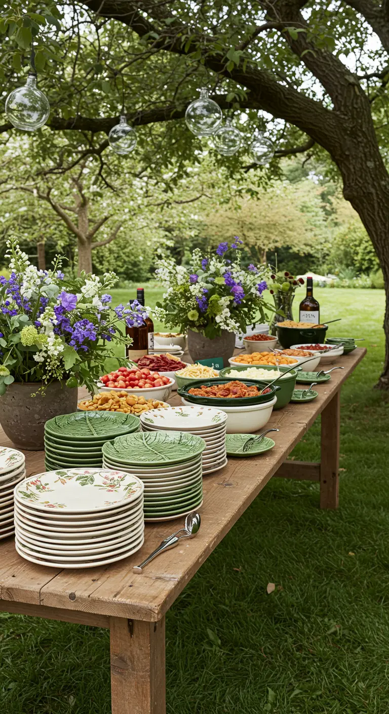 Buffet en plein air avec des piles d'assiettes en céramique en forme de feuilles vertes.