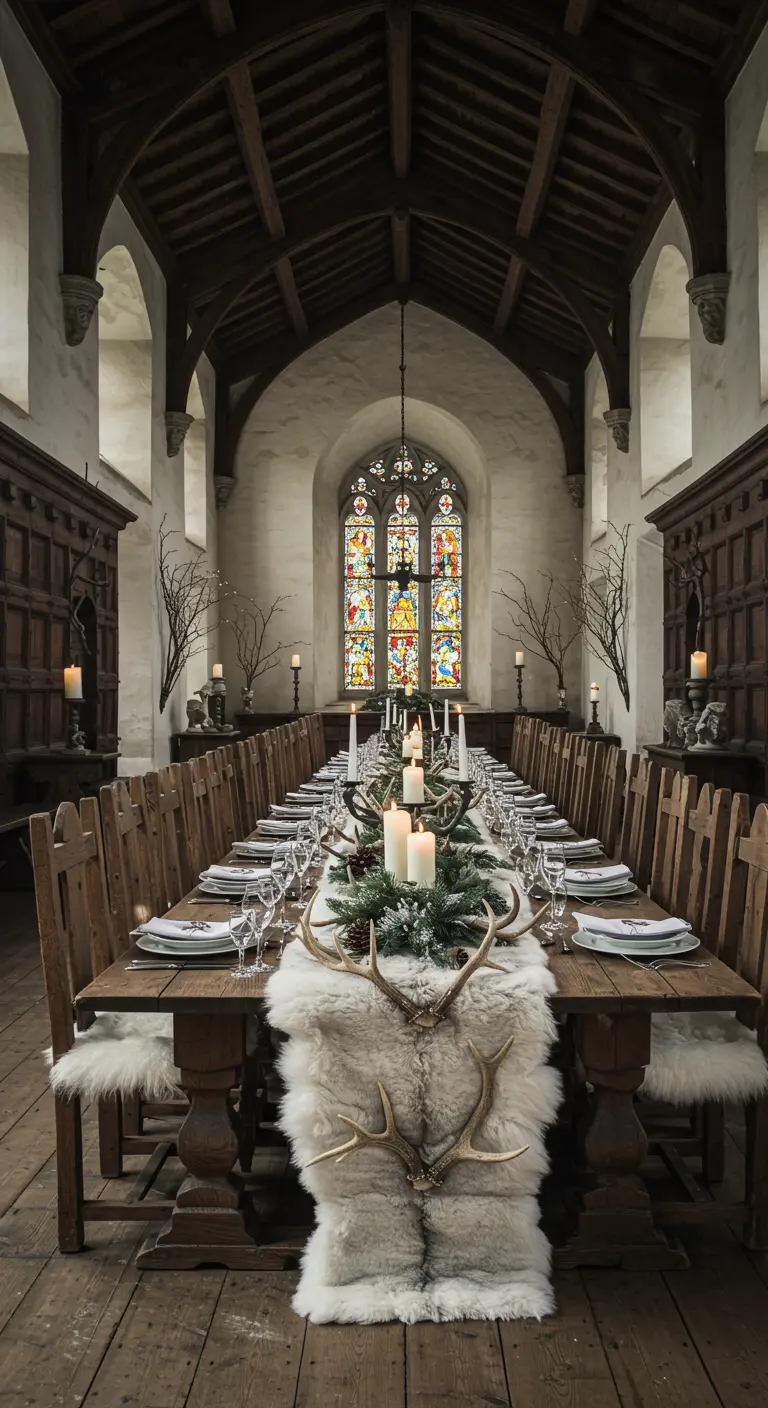 Table de banquet rustique avec chemin de table en fausse fourrure et bois de cerf.