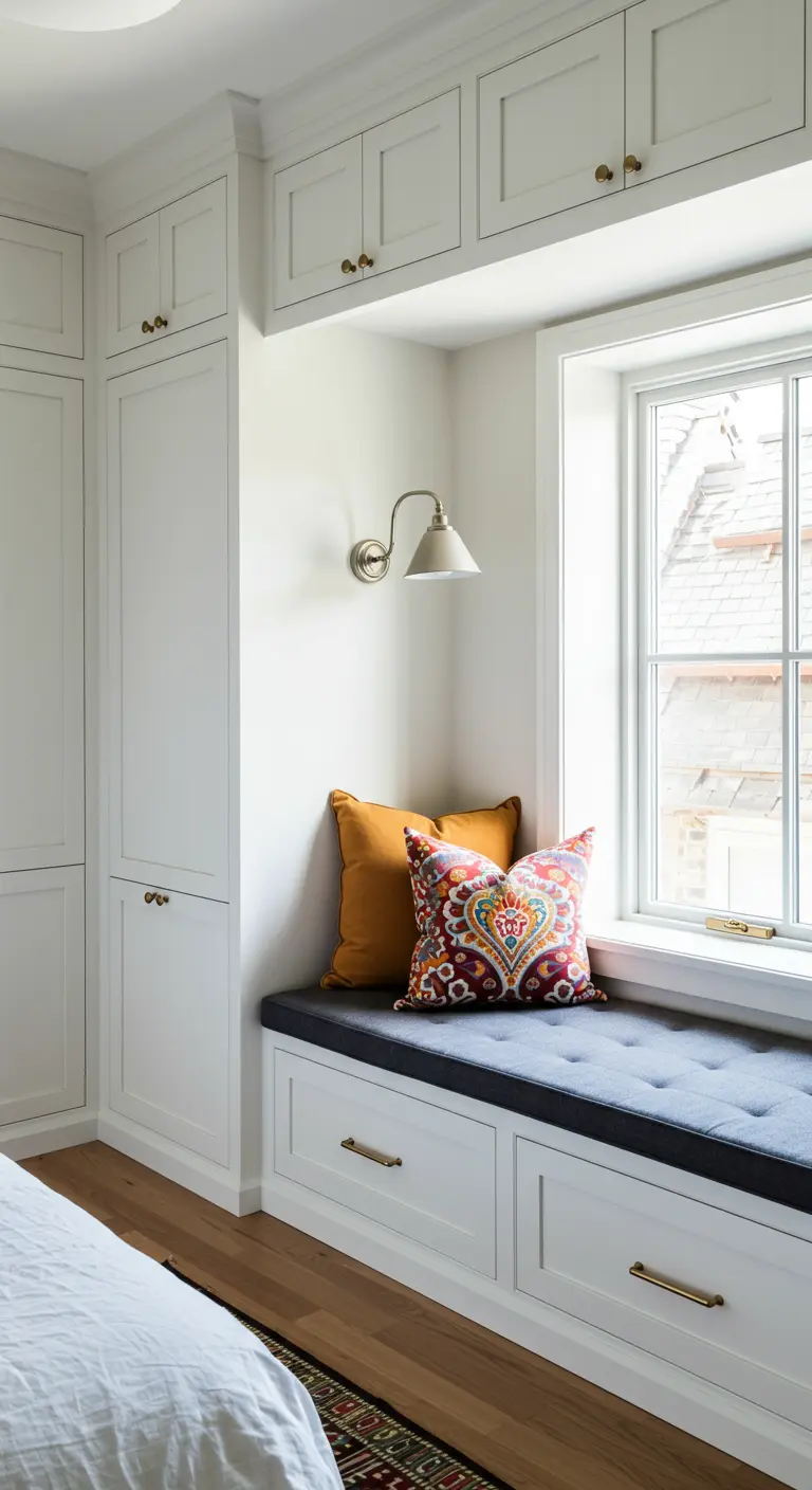 Banquette fenêtre blanche avec tiroirs de rangement et coussins colorés.