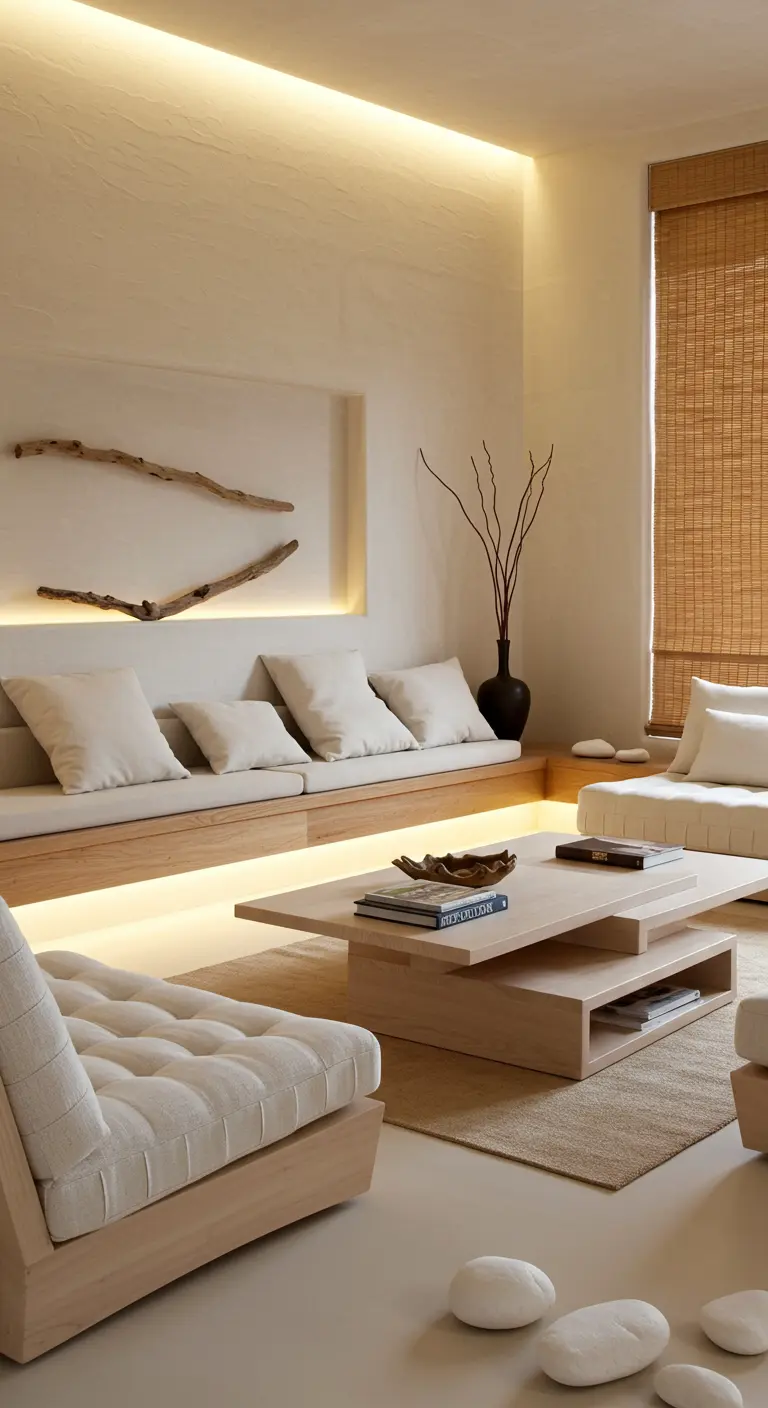 Salon zen avec banquette intégrée en bois clair, éclairage LED, table basse double plateau et galets au sol.