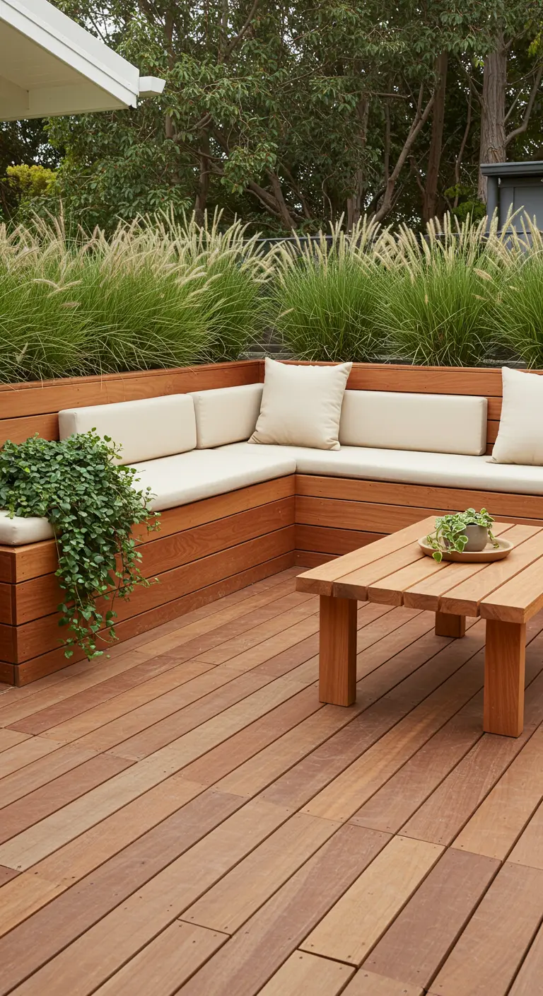 Terrasse en bois avec banquette d'angle intégrée, jardinière avec plante retombante, table basse en bois.