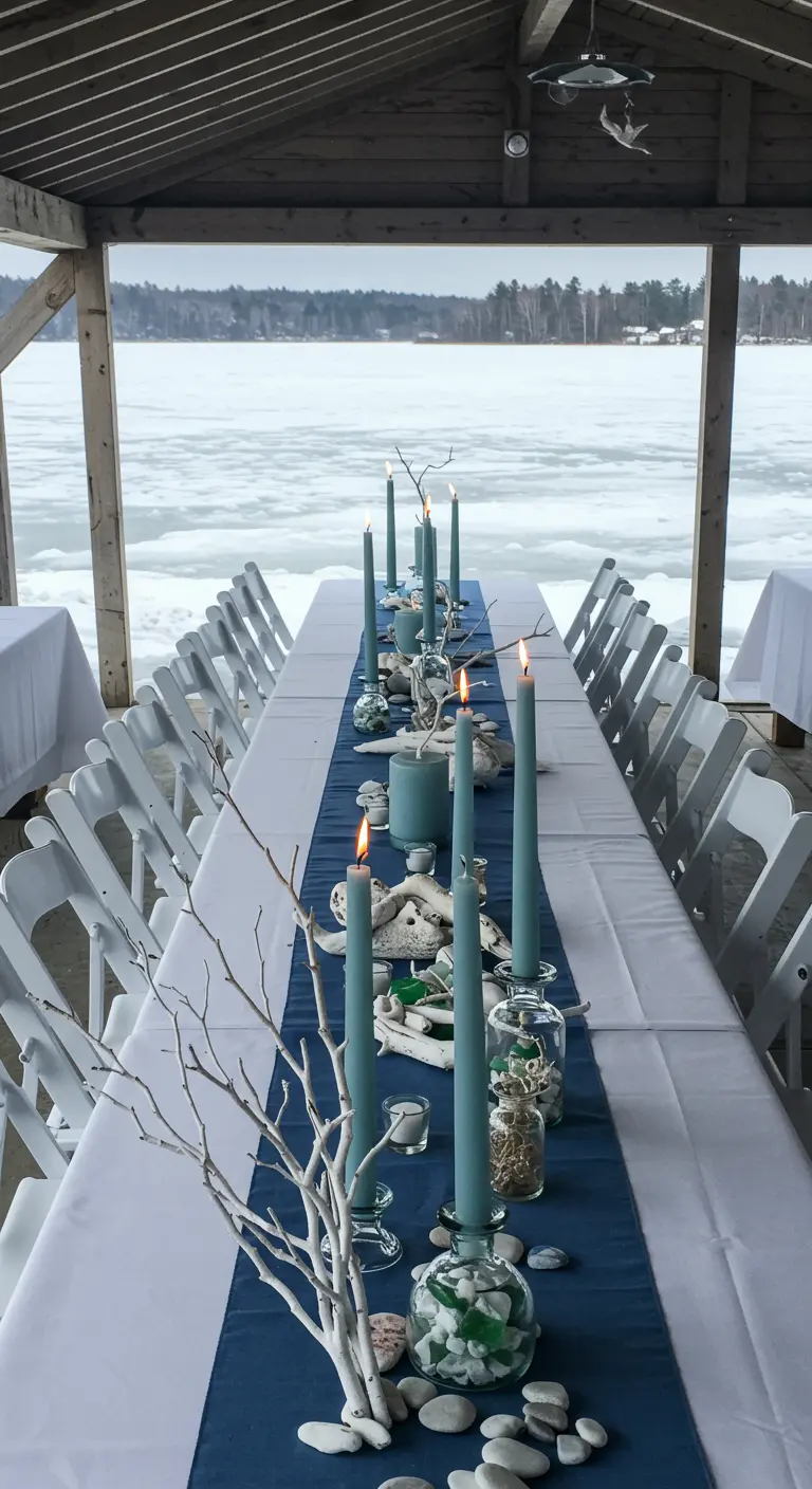 Table de mariage au bord d'un lac gelé, avec un chemin de table bleu et des bougies bleu-gris.