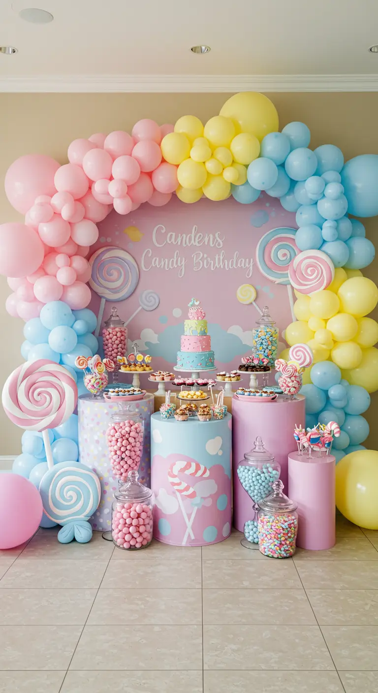 Arche de ballons pastel avec un thème de confiserie et des sucettes géantes.