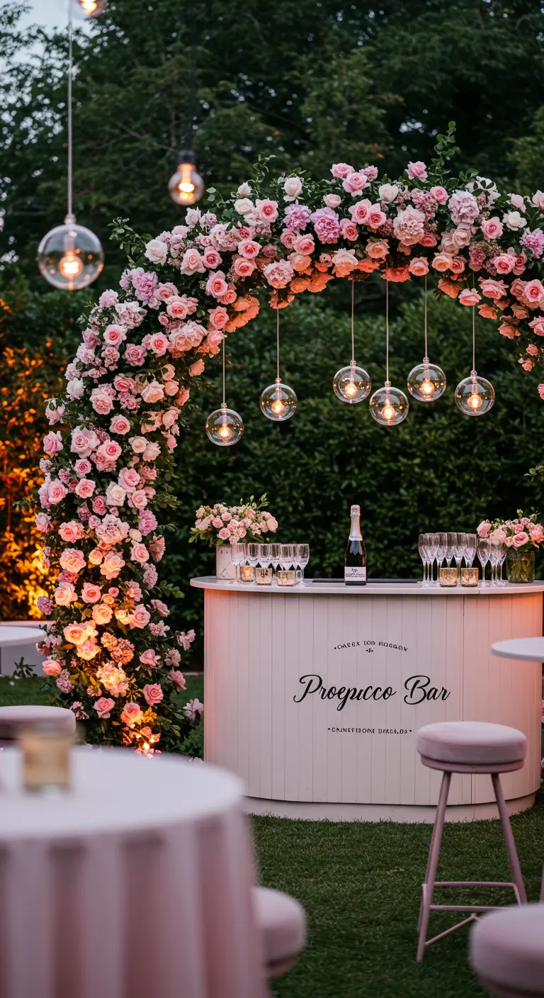Bar à prosecco blanc sous une arche spectaculaire de roses roses, avec des lumières suspendues.