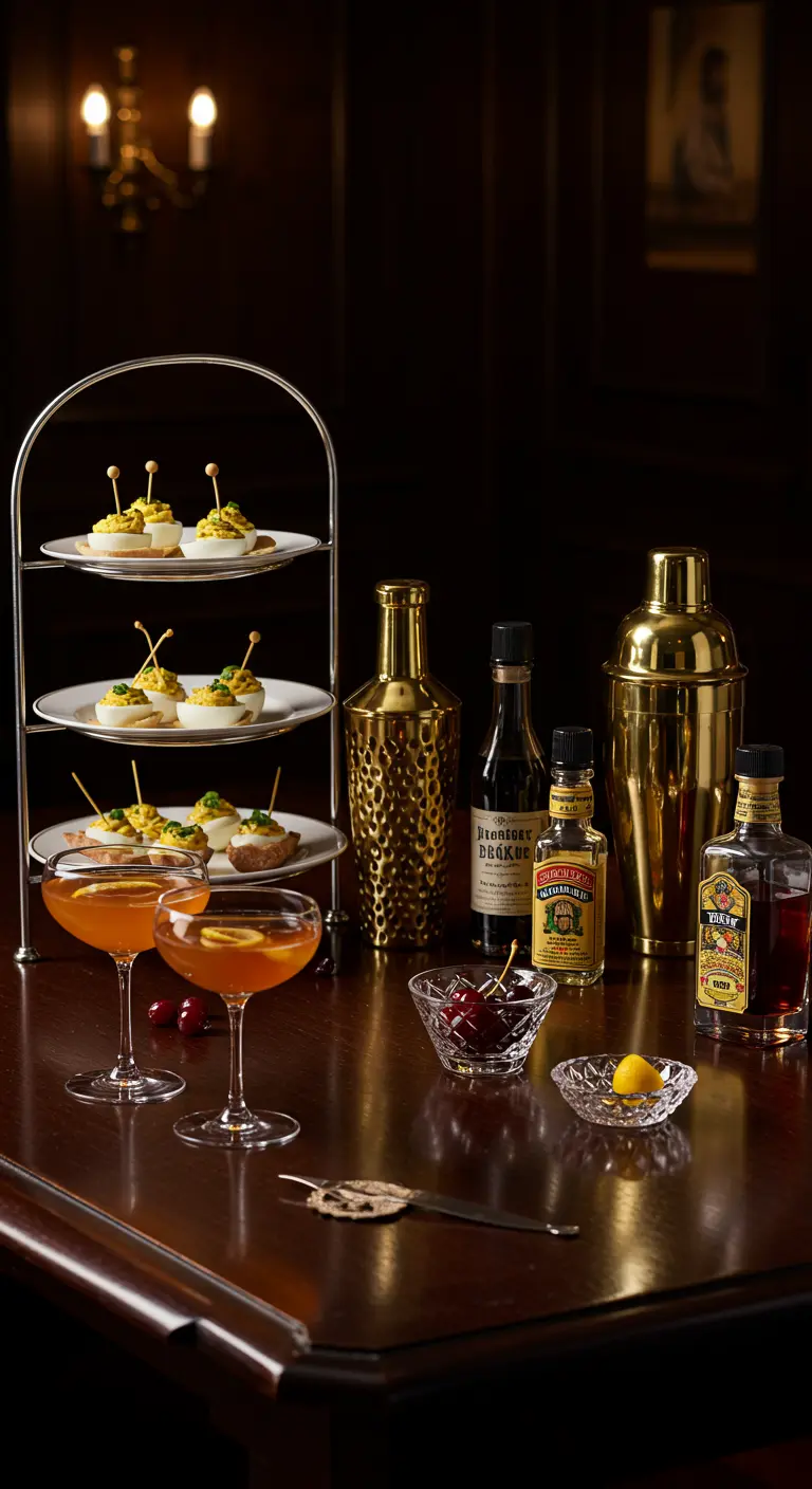 Bar à cocktails vintage avec un présentoir à étages et des shakers dorés
