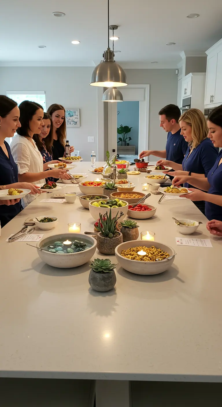Table de cuisine avec un buffet de salades et de graines en bols séparés, décorée de plantes grasses.