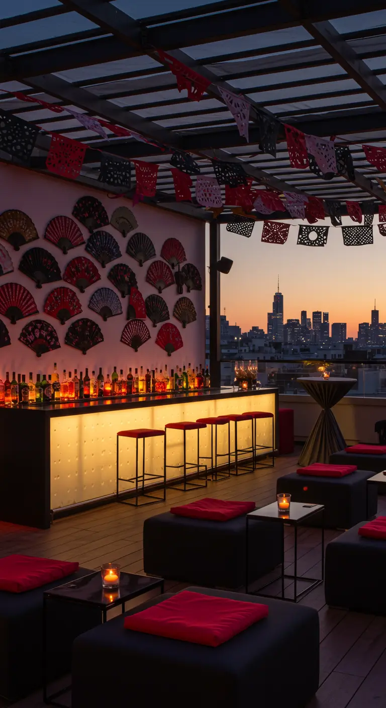 Bar sur un rooftop avec un mur d'éventails et vue sur la ville au crépuscule.