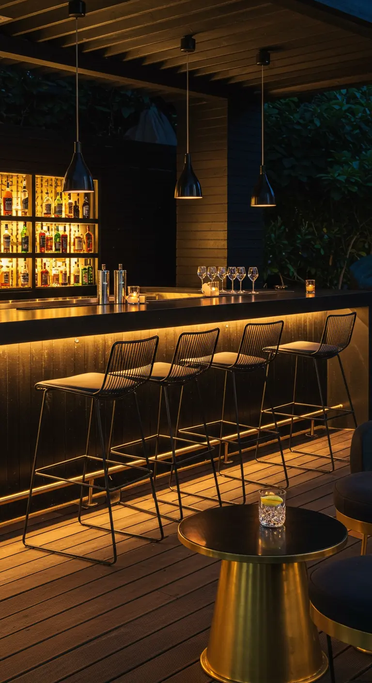 Bar extérieur noir avec tabourets en métal, étagères rétro-éclairées et suspensions lumineuses.