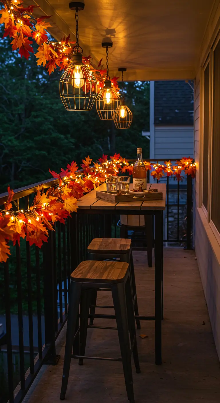 Balcon avec table de bar, tabourets, guirlande lumineuse de feuilles d'érable et suspensions lumineuses.