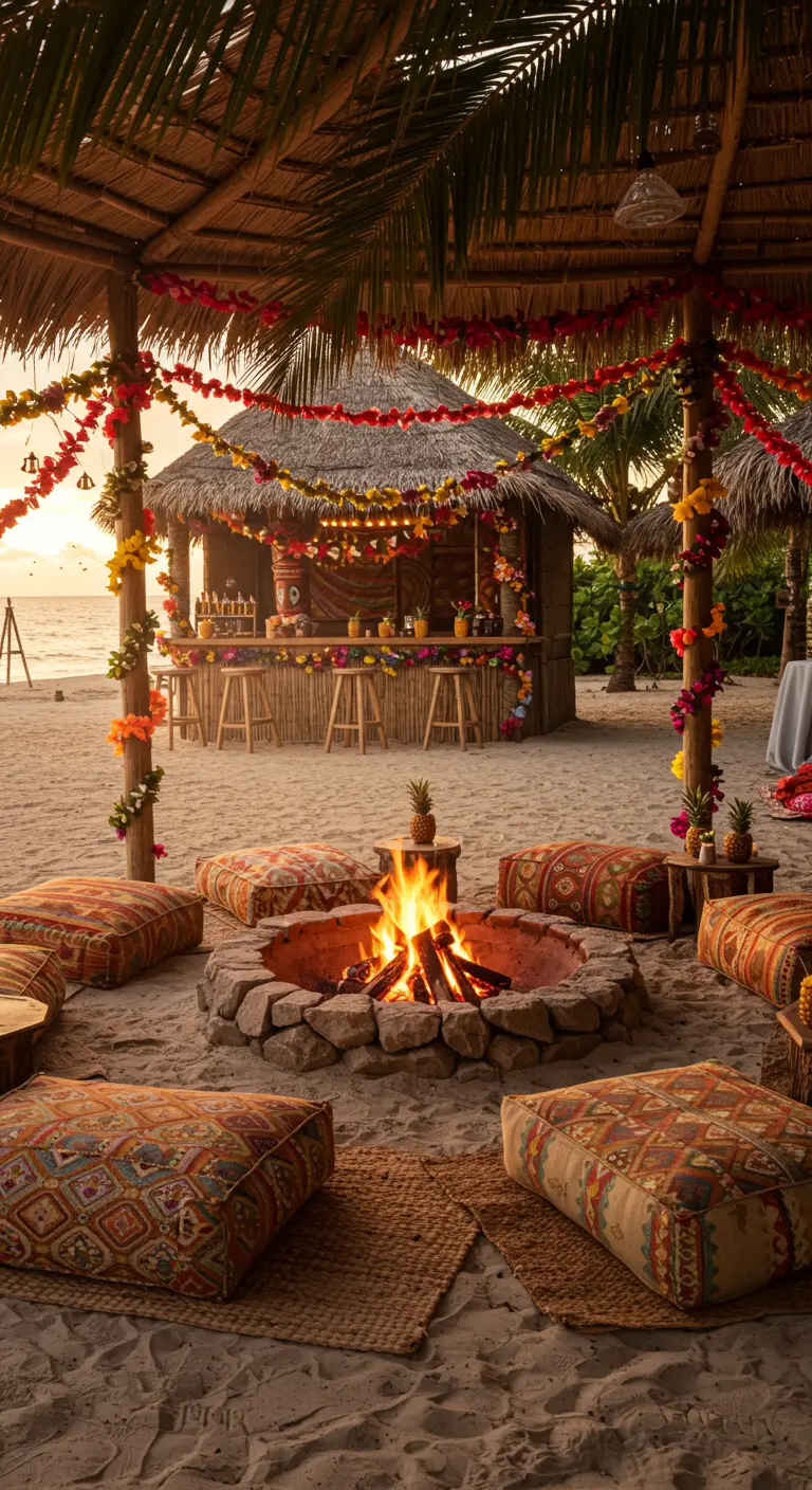 Bar tiki et feu de camp sur la plage au coucher du soleil.