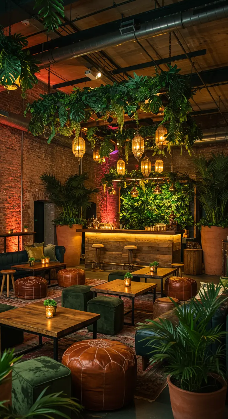 Bar intérieur luxueux avec mur végétal, plantes suspendues, luminaires orientaux et mobilier en bois et cuir.