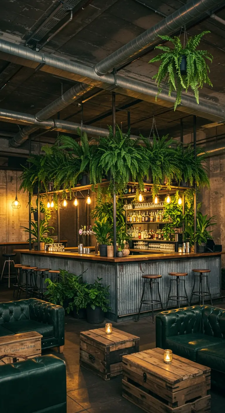Bar industriel avec comptoir en tôle, tabourets, plantes suspendues, canapés en cuir vert et tables basses en bois.