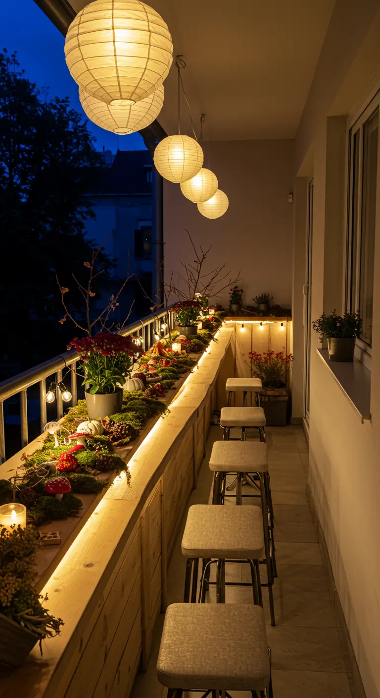 Long balcon avec bar-banquette, tabourets, bandeau LED, décoration de mousse, citrouilles et lampions suspendus.