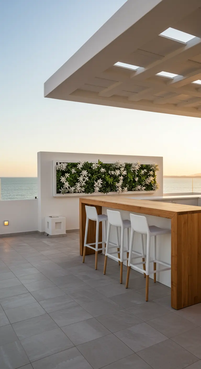 Bar extérieur en bois avec tabourets blancs et mur végétal sur une terrasse avec vue mer.