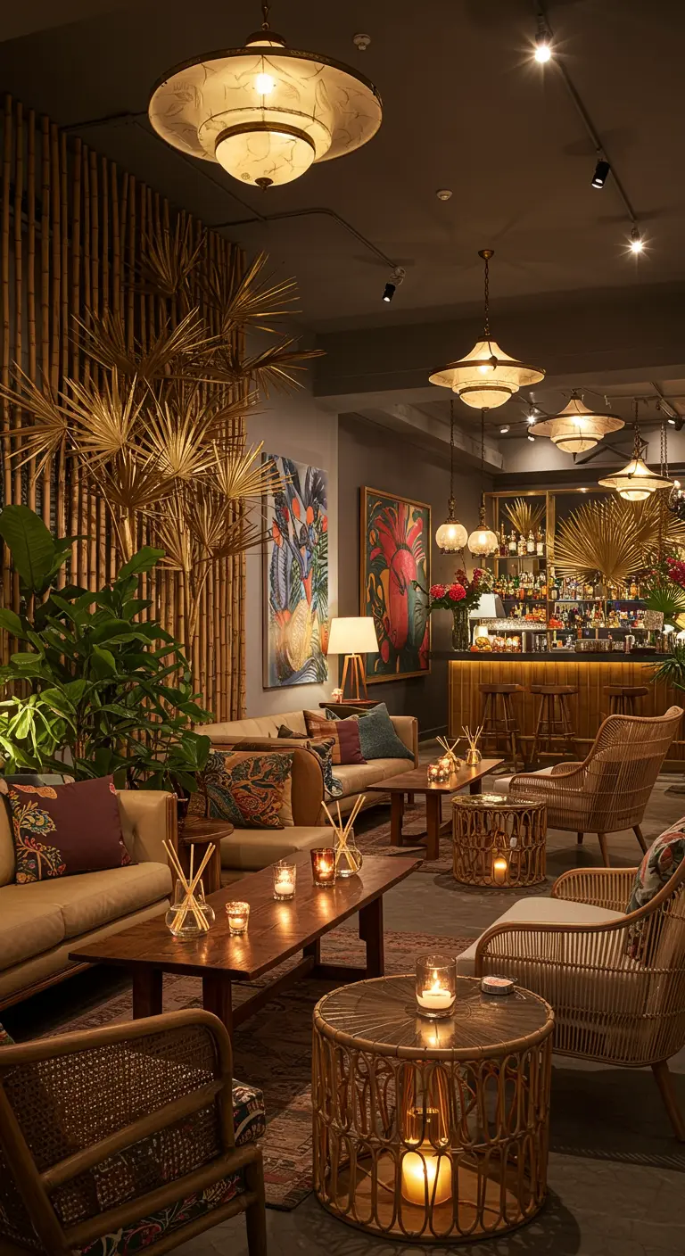 Intérieur de bar cosy avec mur en bambou, palmiers dorés, fauteuils en rotin et lampes d'ambiance.
