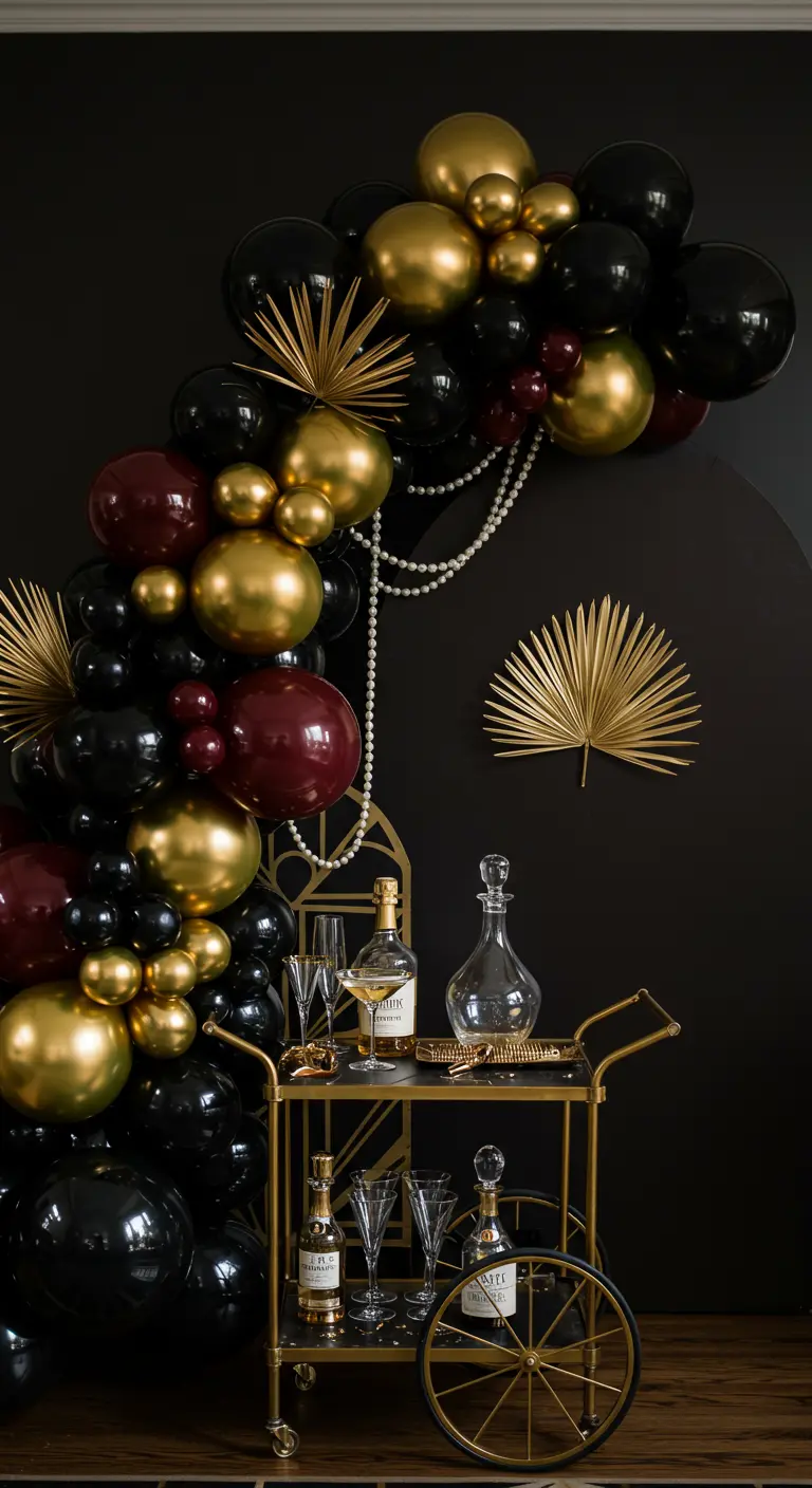 Arche de ballons noirs, bordeaux et dorés avec feuilles de palmier et perles.