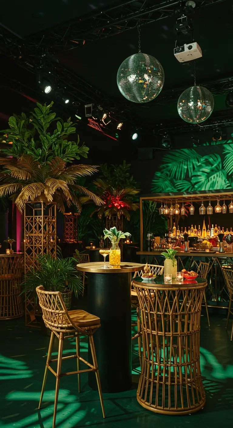 Bar de nuit tropical avec palmiers dorés, boules à facettes, mobilier en rotin et éclairage vert ambiant.