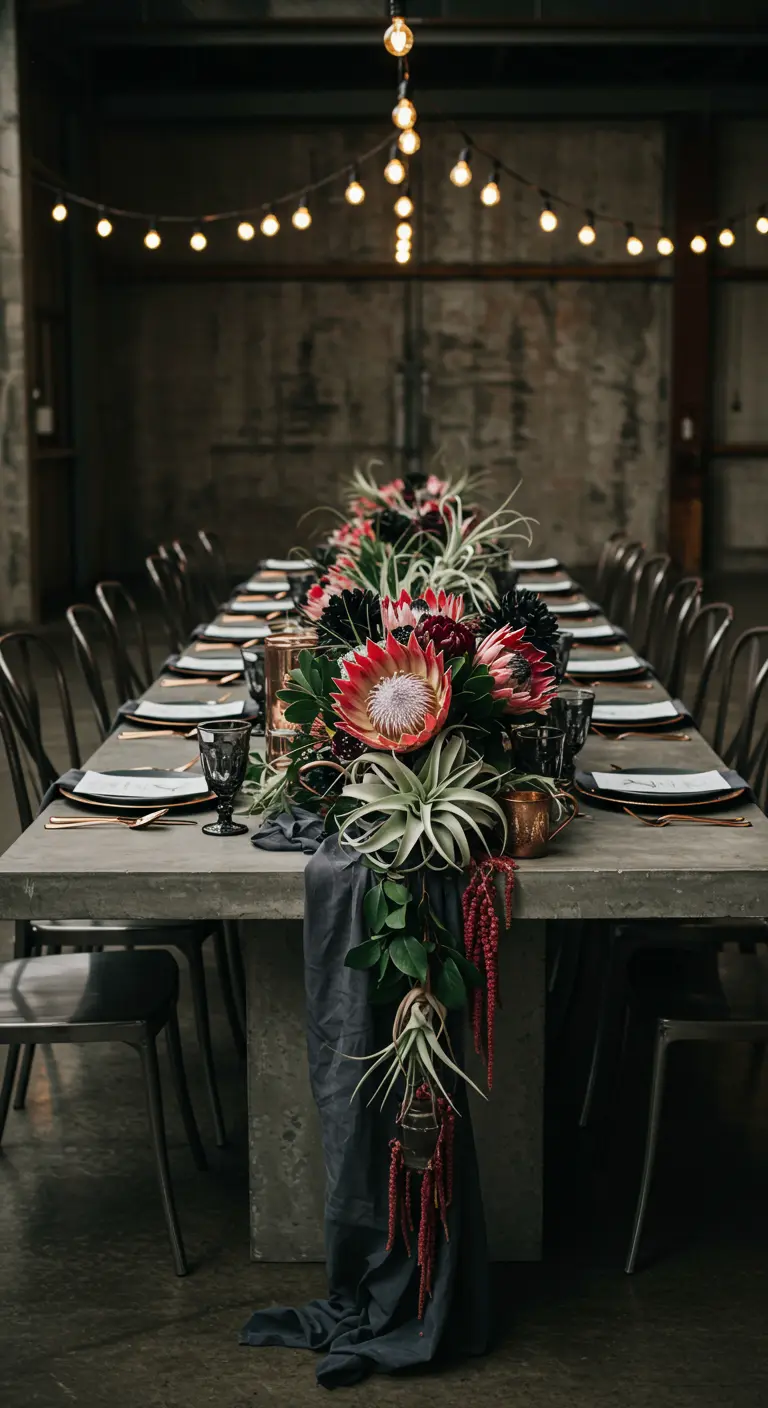 Table industrielle avec proteas, plantes aériennes et chemin gris.
