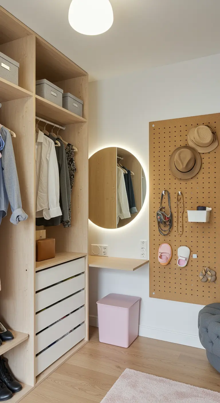 Dressing bois clair avec miroir rond lumineux et mur pegboard.
