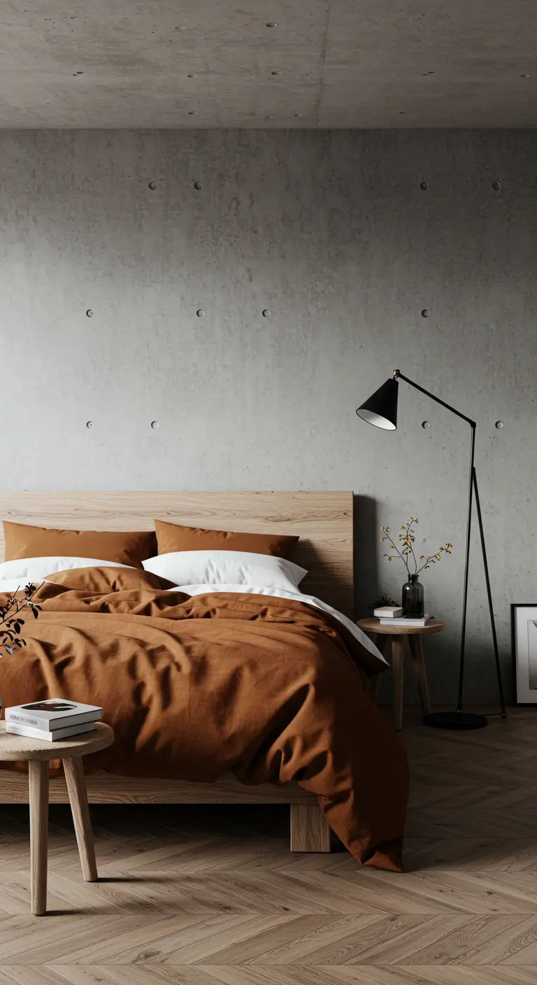Chambre de style industriel-bohème avec un mur en béton et du linge de lit couleur terracotta.