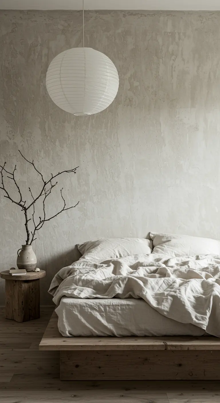 Chambre minimaliste avec un mur effet béton ciré, un lit bas en bois et du linge de lit écru.