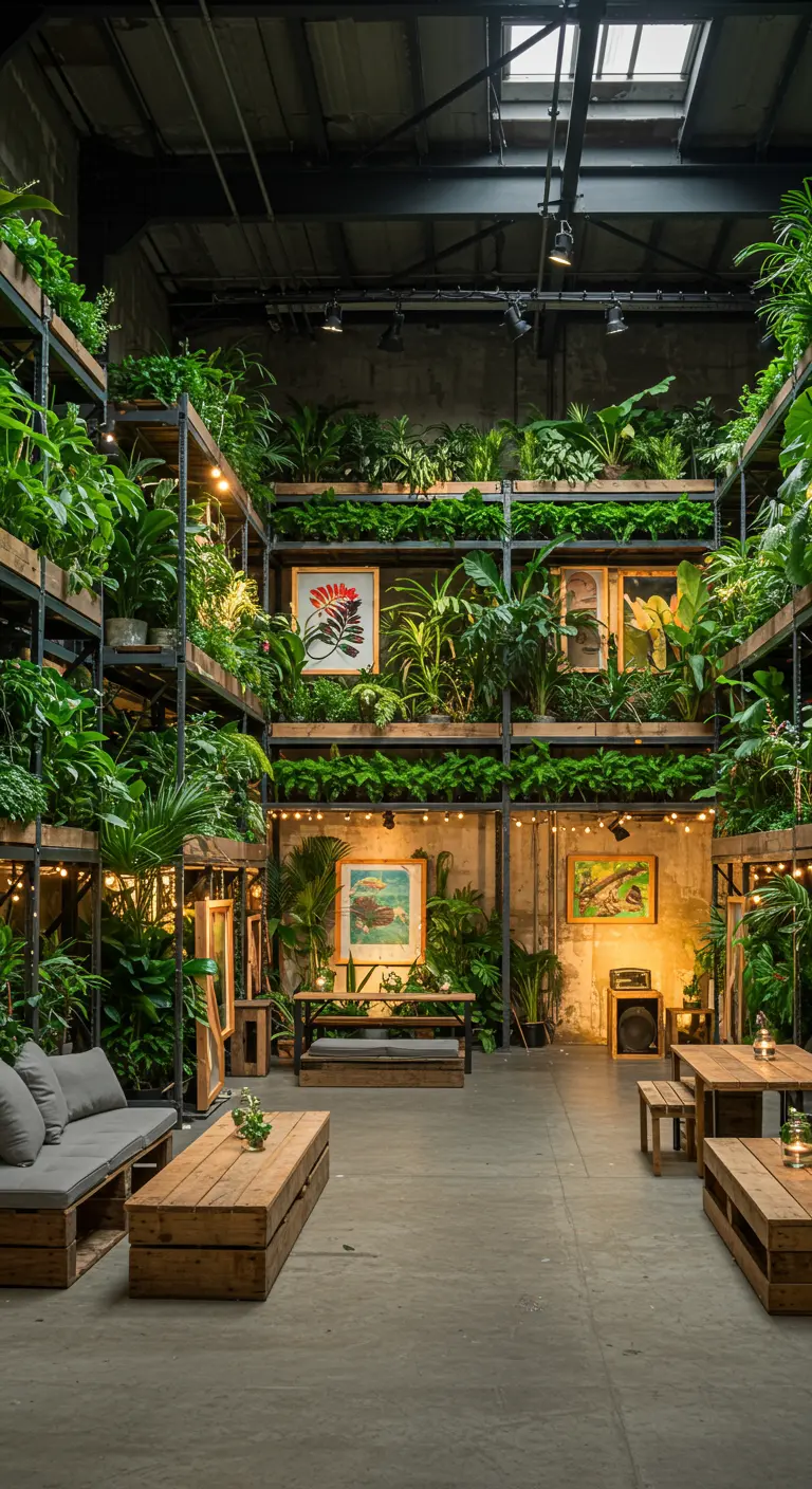 Grande pièce avec étagères métalliques remplies de plantes, des tableaux et des meubles en bois et canapés gris.