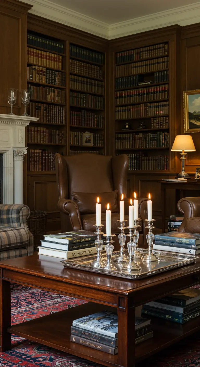 Bibliothèque sombre avec fauteuil en cuir et de nombreux chandeliers sur la table.
