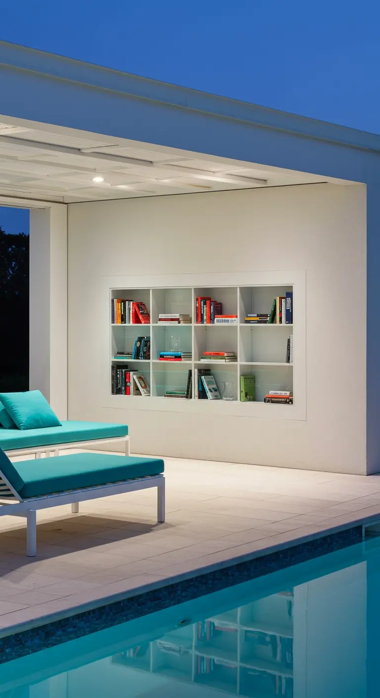 Grande bibliothèque blanche encastrée près d'une piscine la nuit.