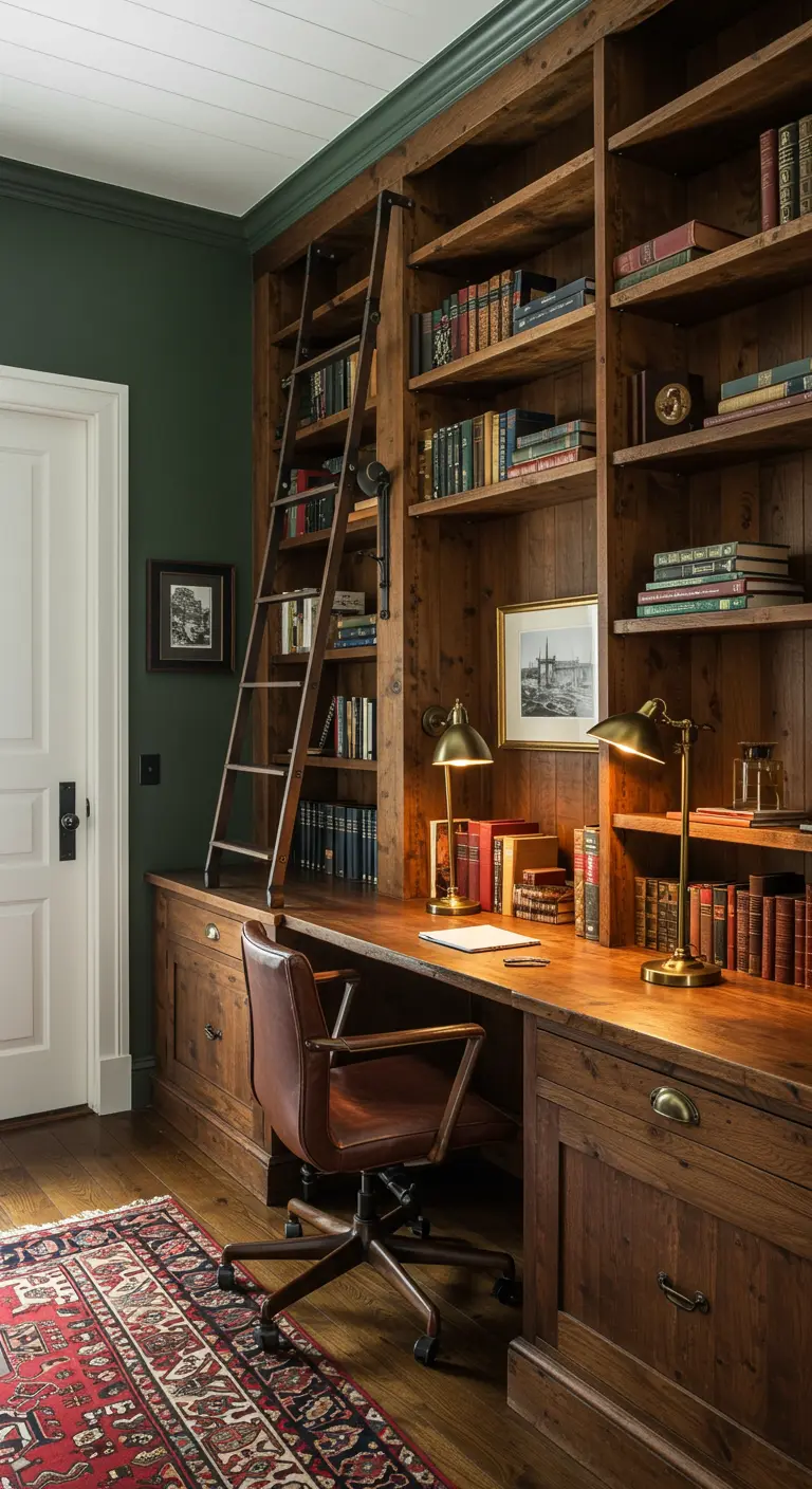 Bureau classique avec grande bibliothèque intégrée en bois, échelle et fauteuil en cuir