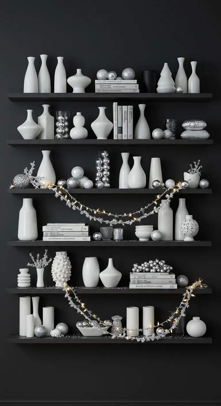Étagères noires avec vases blancs, boules argentées et guirlandes.