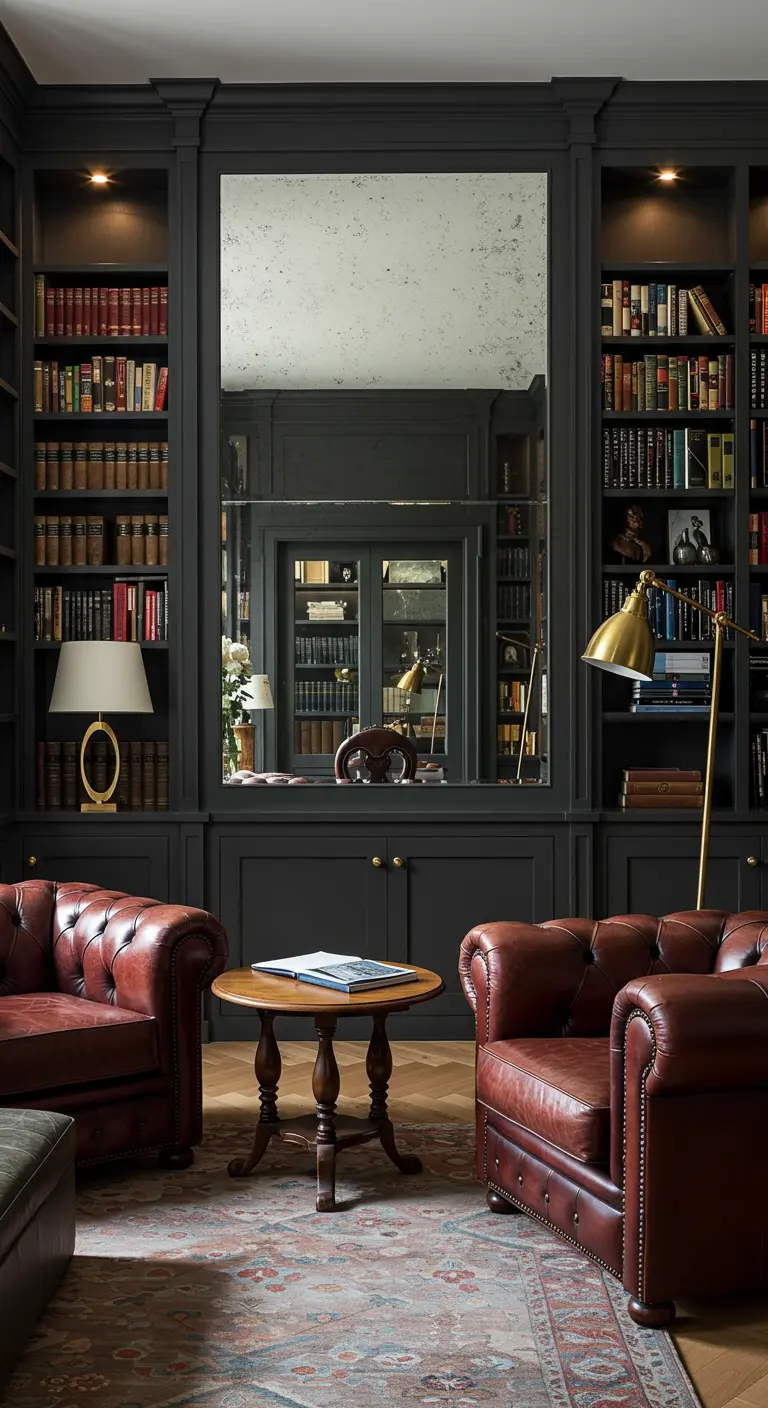 Grand miroir encastré dans une bibliothèque sombre, entouré de livres et de fauteuils en cuir.
