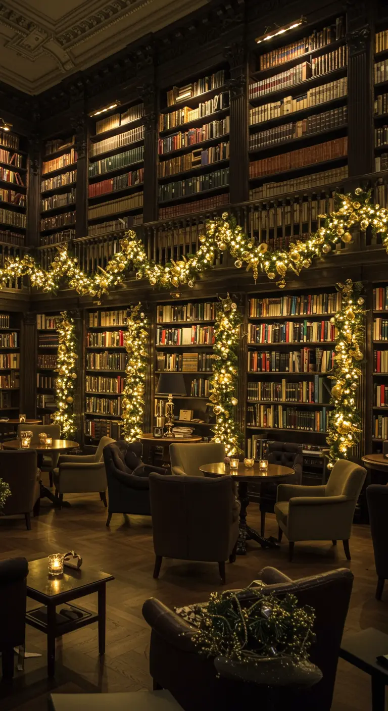 Grande bibliothèque avec des murs de livres, décorée de guirlandes lumineuses dorées et bougies.
