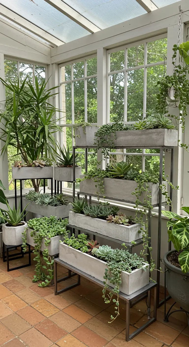 Étagères modulaires en métal avec plusieurs jardinières en béton remplies de succulentes retombantes dans une serre.