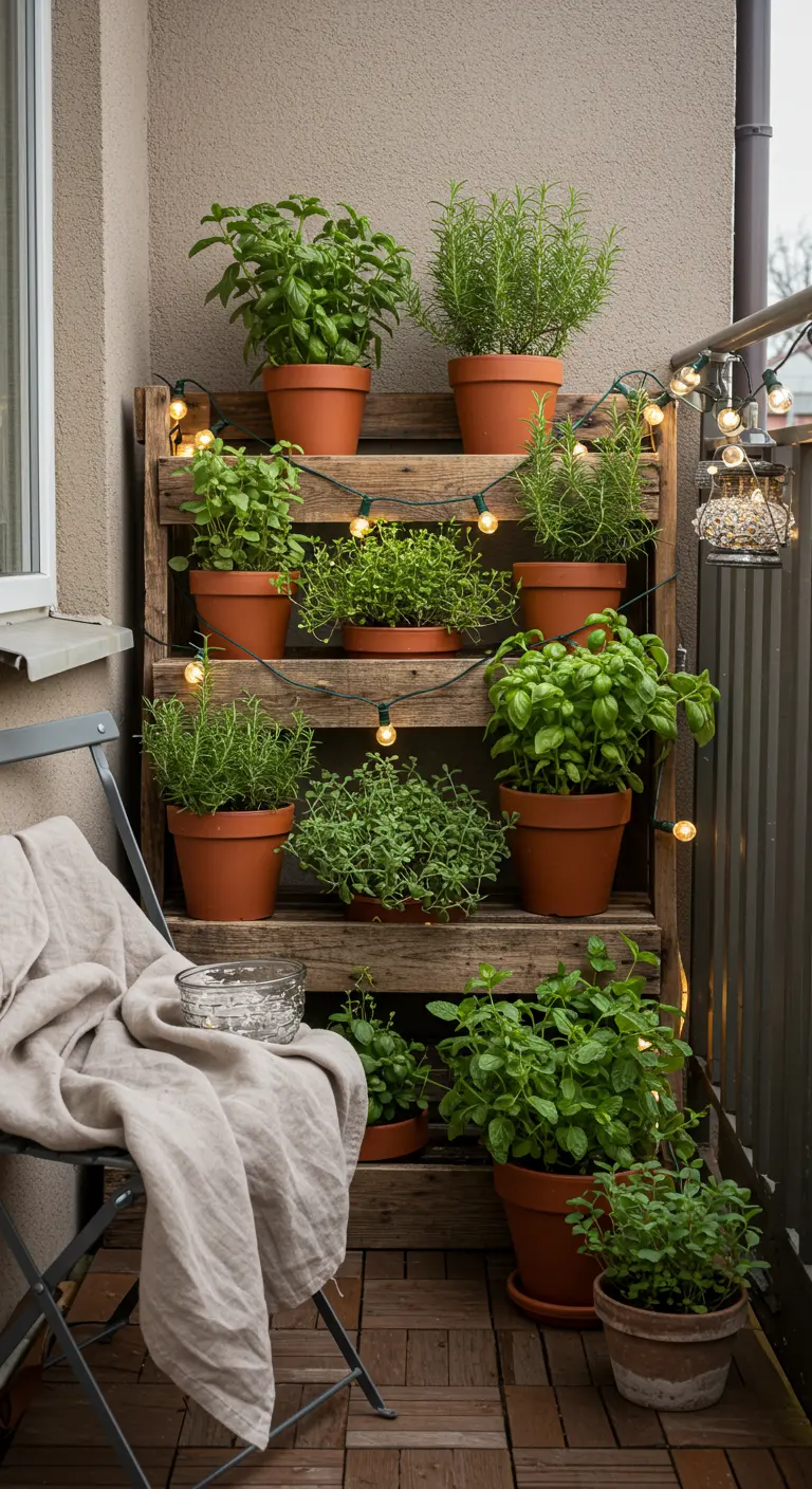 Étagère en bois remplie de pots d'herbes aromatiques sur un petit balcon.