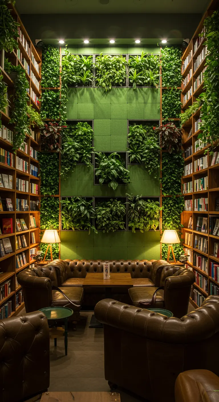 Salle de bibliothèque sombre avec canapés en cuir, étagères de livres et un mur végétal au fond.