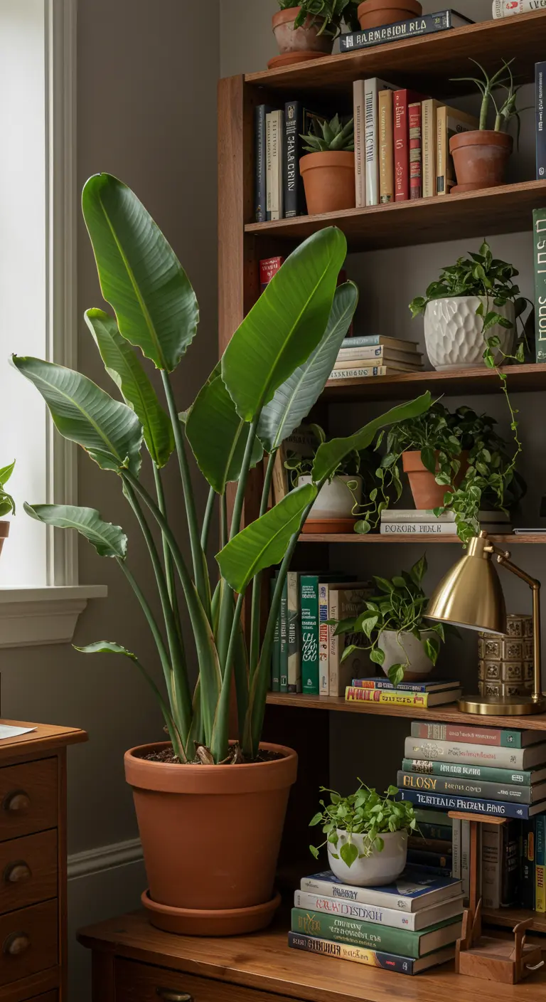 Bibliothèque en bois avec Strelitzia nicolai, plantes variées, lampe de bureau.