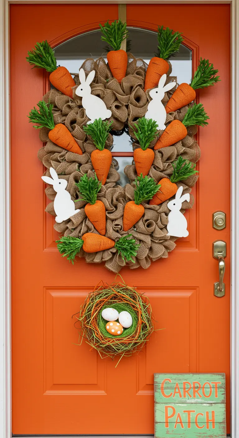 Couronne de Pâques en toile de jute avec des carottes et des lapins blancs.