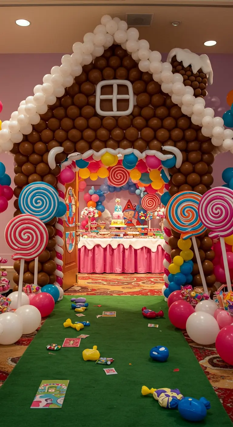 Une entrée en forme de maison en pain d'épices faite de ballons marron et blancs.