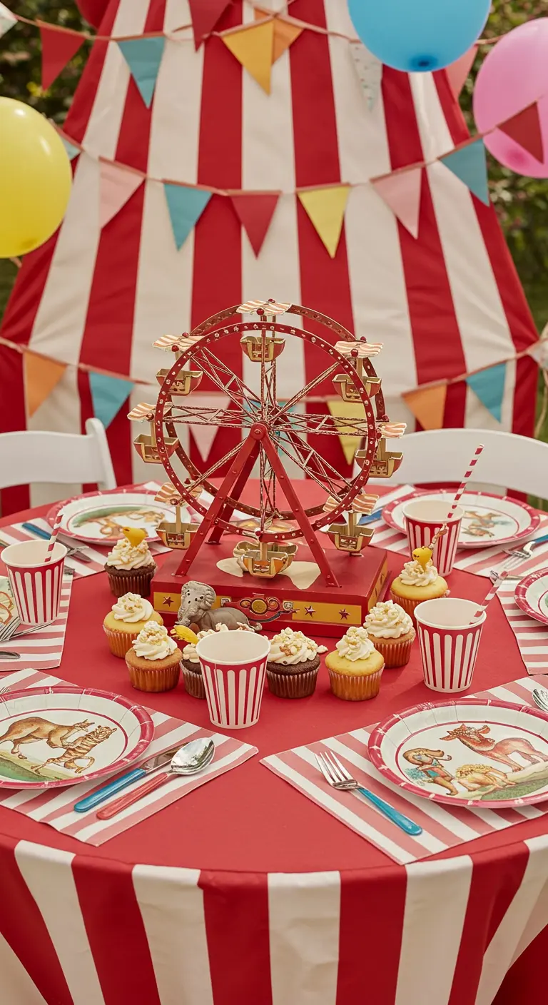 Table de cirque avec nappe à rayures rouges et blanches et grande roue en centre de table.