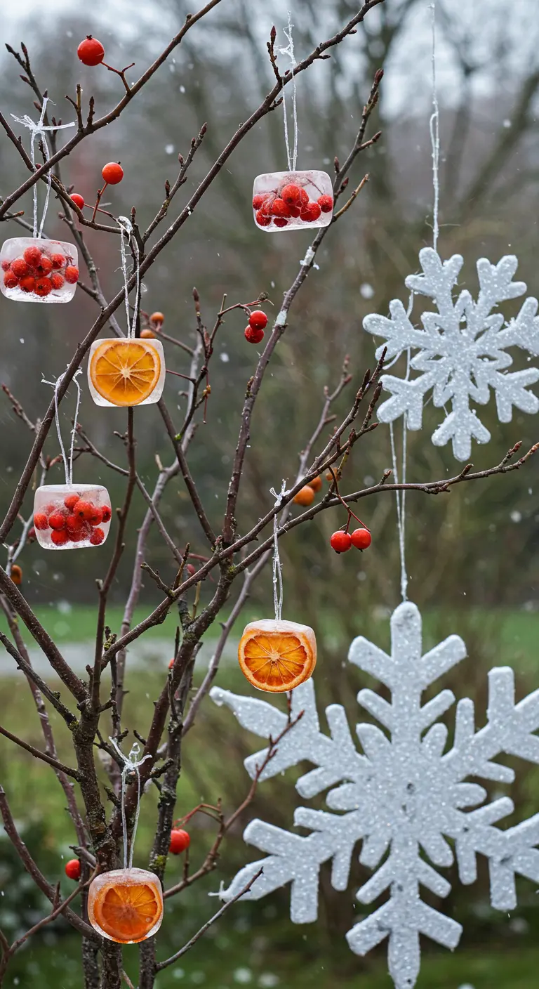 Ornements de glace avec des baies et des oranges suspendus à une branche d'arbre.